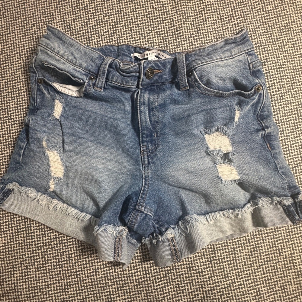 Celebrity Pink Womens Distressed Denim Shorts Blue High Rise Cut Off Size 7/28